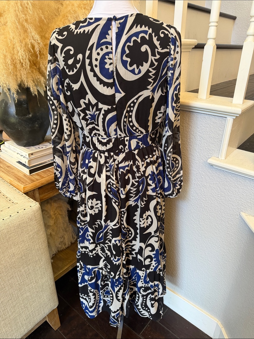 LOFT Paisley Flounce Midi Dress Blue Black Sheer Long Sleeve Boho Size 4 - Picture 5 of 8